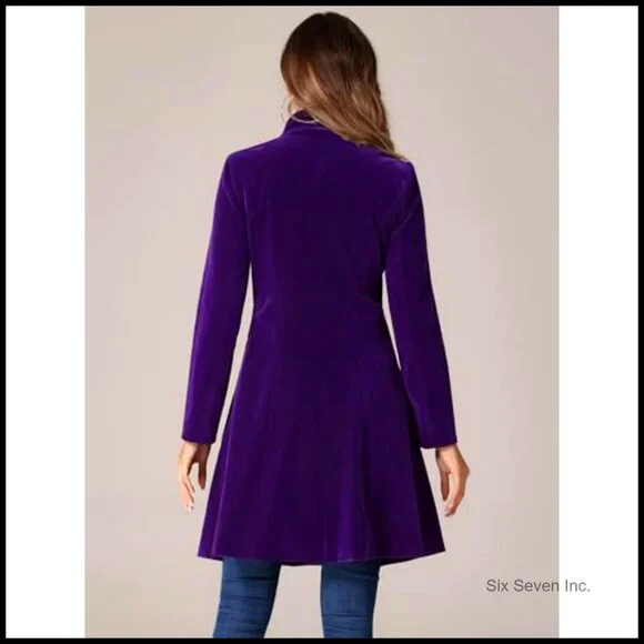 Velvet Trench Coat with Puff Sleeves, A-Line Double Breasted Winter Coat